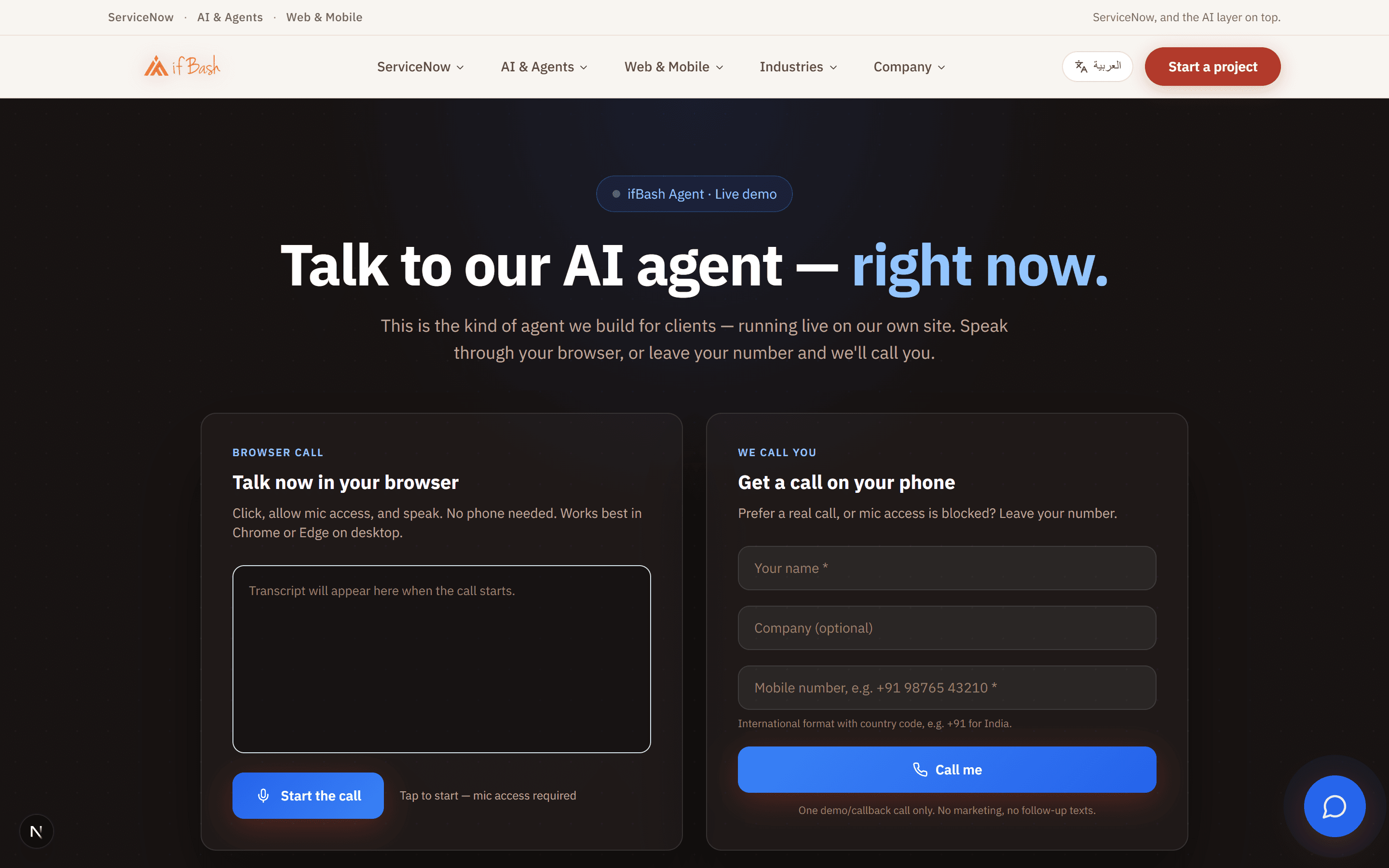 The ifBash voice agent page: start a browser call, or leave a number for a callback.
