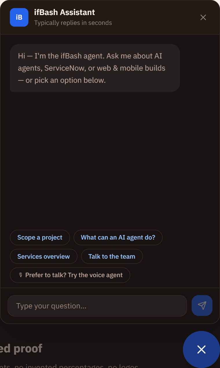 The ifBash assistant chat widget open on the site, with quick-reply options.